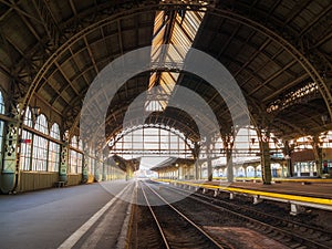 St. Petersburg, Vitebsk railway station in an early sunny morning, platform with a clock