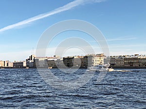 St. Petersburg. Yacht on the Neva River in St. Petersburg, Saint-Petersburg, Russia
