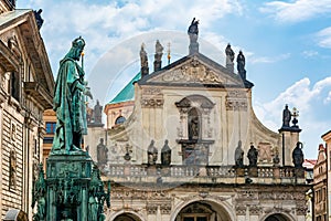 St. Salvator church and statue of Charles IV Karolo Quarto on Crusaders square near Charles bridge, Prague, Czech Republic
