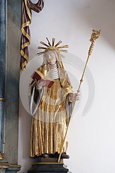 St Scholastica, altar statue in the church of St Agatha in Schmerlenbach, Germany