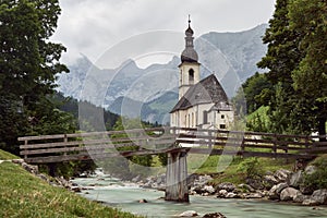 St. Sebastian church and mountain creek in Ramsau, Germany