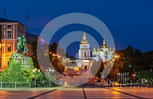 St. Sofia`s Square is in the historical center of Kyiv, Ukraine at sunset