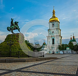 St. Sofia`s Square is in the historical center of Kyiv, Ukraine at sunset