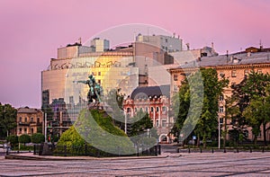 St. Sofia`s Square is in the historical center of Kyiv, Ukraine at sunset