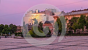 St. Sofia`s Square is in the historical center of Kyiv, Ukraine at sunset