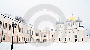 St. Sophia Cathedral and the architectural ensemble, Veliky Novgorod, Russia in sunny cold winter day. Concept