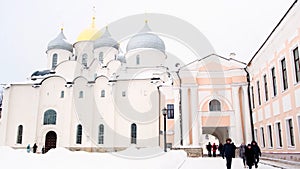 St. Sophia Cathedral and the architectural ensemble, Veliky Novgorod, Russia in sunny cold winter day. Concept