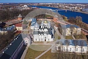 St. Sophia Cathedral in the Kremlin of Veliky Novgorod in the sunny day aerial photography. Russia