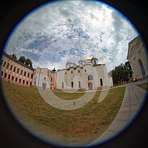 St. Sophia Cathedral in Veliky Novgorod, Russia. Fish eye view