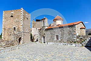 St. Spyridon and village square, Vatheia village, Mani, Laconia, Greece.