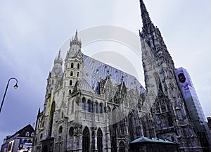 St. Stephan Cathedral or Stephansdom in the evening, located in the city center of Vienna, Austria