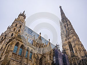 St. Stephen`s Cathedral in Vienna, Austria in a beautiful white background sky.