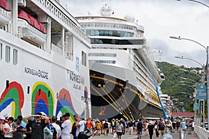 St Thomas, U.S Virgin Island - February 21, 2024 - The cruise ship passengers walking on the dock into the city