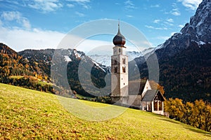 St. Valentin Kastelruth Village Church at the autumn Dolomite Alps