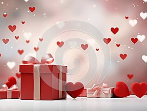 St Valentine Day banner with hearts and present boxes on light red bokeh background, love banner, greeting card