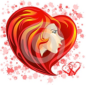 St. Valentine girl face with red heart shaped hair