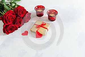St. Valentine`s Day banner. Happy St. Valentine`s Day, Mother`s Day, Women`s Day web line. Red roses bouquet, gift box and can