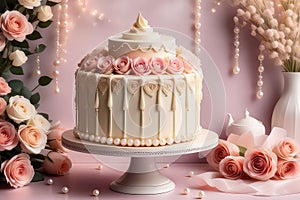 St. Valentine`s Day cake decorated with buttercream roses and candy pearls on pink pastel background. Romantic present.