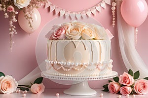 St. Valentine`s Day cake decorated with buttercream roses and candy pearls on pink pastel background. Romantic present.