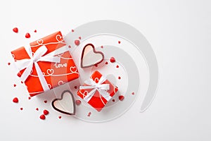 St Valentine`s Day concept. Top view photo of red gift boxes with silk ribbon bows heart shaped candles and sprinkles on isolated