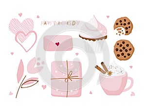 St. Valentine's Day decorative elements and Happy Valentine's Day text. Baking, hot drink, hearts, gift, envelope