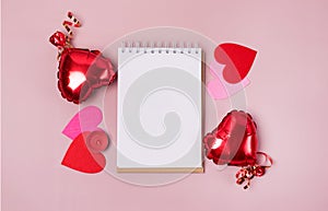 St valentine\'s day Greeting card White Blank Red Foil Baloon in shape hearts Confetti in shape of heart