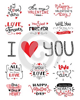 St. Valentine`s Day hand lettered love confession greeting labels.