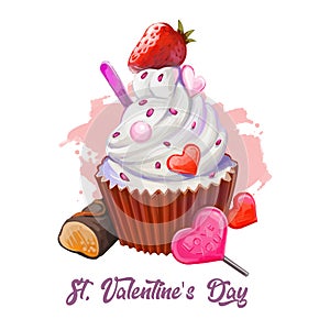 St. Valentine`s day holiday greeting card with cupcake or muffin topped by raspberry and chocolate lollipop in shape of heart.