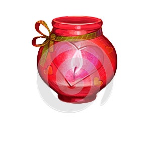 St. Valentine's day holiday greeting card with lantern lamp with burning heart candle. Digital art illustration of