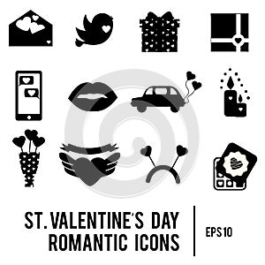 St Valentine`s day icons. Set of romantic, love holidays symbols. Printable black silhouettes