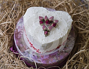 St. Valentine`s Day, Mother`s Day, Birthday Cake. A festive dessert in the shape of heart. White cake decorated by dry roses on