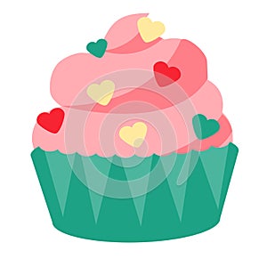 St Valentine`s day, romantic, love pink cupcake with heart shape sprinkles. Design element, icon