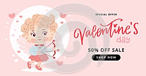 St. Valentine s day sale banner with cute Cupid character, Vector illustration in simple modern style