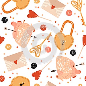 St. Valentine`s Day seamless pattern. Key, heart-shaped lock, candies, envelope and human heart pierced with arrow