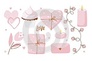 St. Valentine's Day or Wedding decorative elements and Love text. Muffin, hearts, gifts, envelope, flower, candles