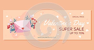 St. Valentines Day horizontal Super Sale banner template design. Pink closed envelop, red and pink flowers green leaves