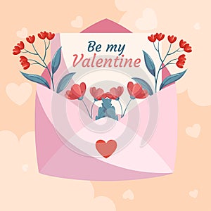 St. Valentines Day square template design with pink open envelop, letter Love You and red flowers green leaves beige