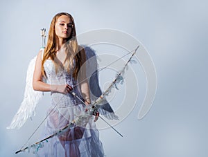 St Valentines day. Valentine. White background . Cupid cute angel with bow and arrows - Concept of Valentines