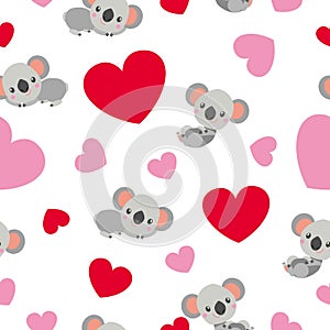 St Valentineâ€™s Day. Seamless pattern. Baby koala lying and smiling. Cartoon style. Funny and cute. Red, pink hearts. White