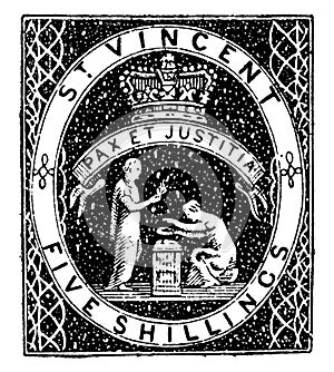 St Vincent Five Shillings Stamp from 1880 to 1881, vintage illustration