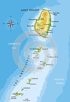 St. Vincent and the Grenadines islands highly detailed physical map