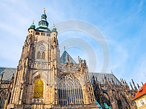 St. Vitus cathedral in Prague Castle front view of the main entrance in Prague, Czech Republic.