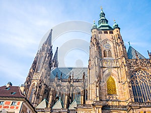 St. Vitus cathedral in Prague Castle front view of the main entrance in Prague, Czech Republic.