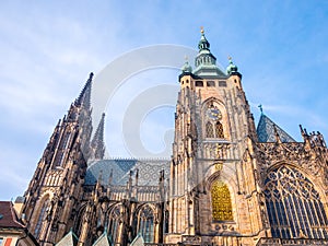 St. Vitus cathedral in Prague Castle front view of the main entrance in Prague, Czech Republic.