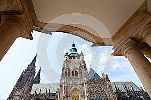 St.Vitus Cathedral in Prague, Czeck Republic, view from below the columns of Prague Castle
