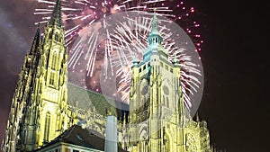 St. Vitus Cathedral Roman Catholic cathedral and holiday fireworks -- Prague Castle and Hradcany, Czech Republic