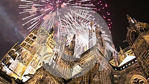 St. Vitus Cathedral Roman Catholic cathedral and holiday fireworks -- Prague Castle and Hradcany, Czech Republic