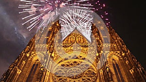 St. Vitus Cathedral Roman Catholic cathedral and holiday fireworks -- Prague Castle and Hradcany, Czech Republic