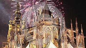 St. Vitus Cathedral Roman Catholic cathedral and holiday fireworks -- Prague Castle and Hradcany, Czech Republic