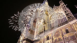 St. Vitus Cathedral Roman Catholic cathedral and holiday fireworks -- Prague Castle and Hradcany, Czech Republic